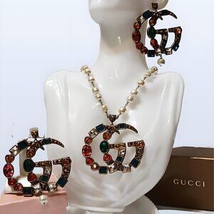 Vintage multicolored, crystal rhinestone, Gucci, necklace and earring set